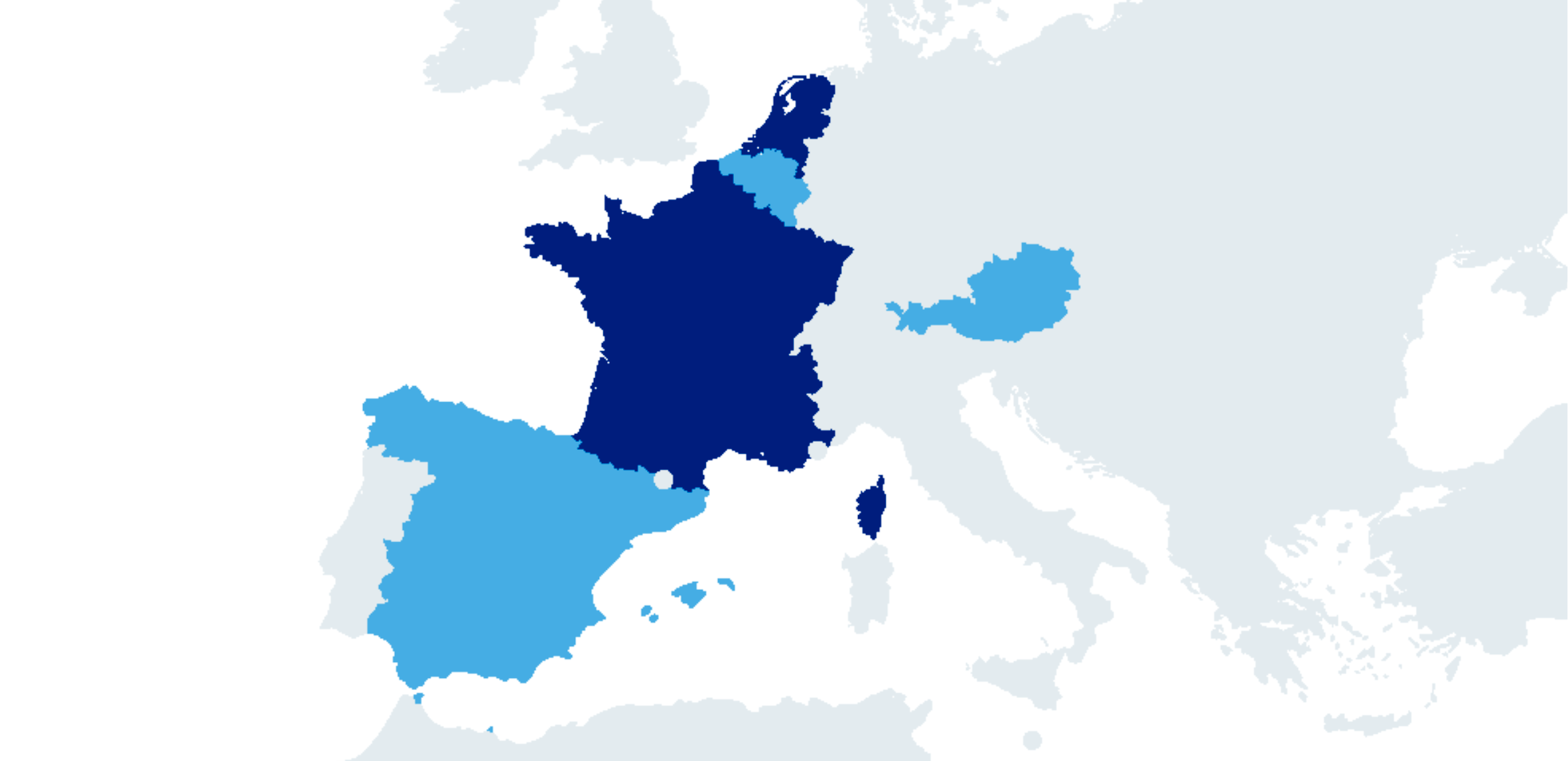 Map of Europe highlighting Spain, France, Belgium, Austria and The Netherlands.