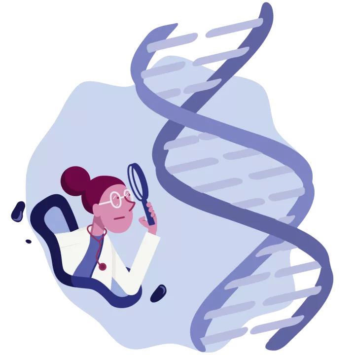 Cartoon of a scientist using a magnifying glass to examine DNA